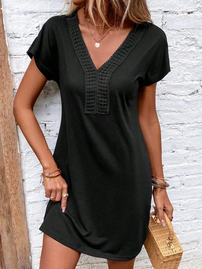 Plain Lace Elegant Guipure Lace Panel Batwing Sleeve Tee Dress