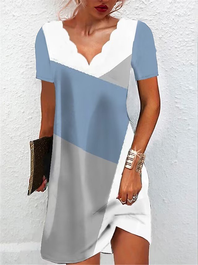 V Neck Loose Color Block Casual Dress