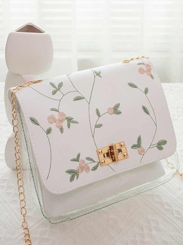 Urban Casual Flower Embroidered Leather Double Layer Messenger Bag Women