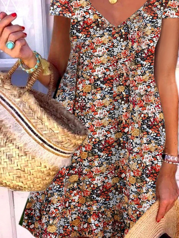 V Neck Printed Short Sleeve Knit Dress