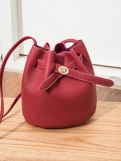 Urban Casual Leather Imitation Drawstring Twist Lock Bucket Bag Messenger Bag Women