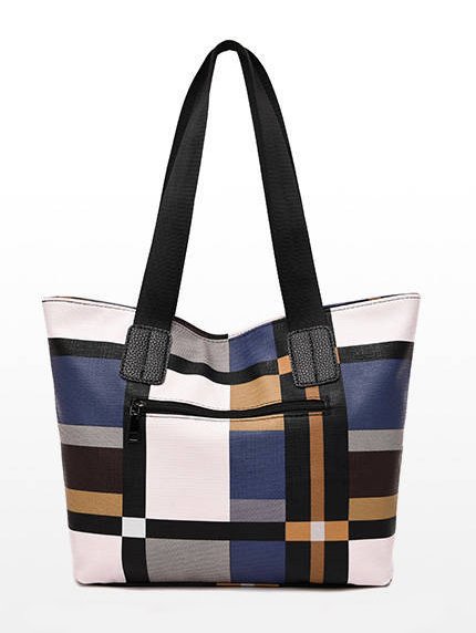 Casual Leather Contrast Check Tote Shoulder Bag Daily Urban