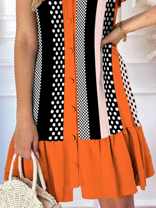 Casual Geometric Loose V Neck Dress With No Belt