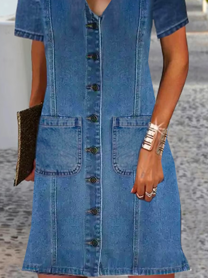 Buttoned Denim Blue V Neck Casual Loose Plain Dress
