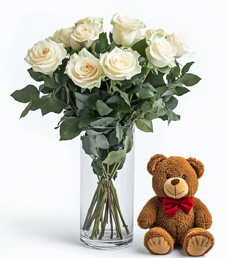 Six White Roses and Bear