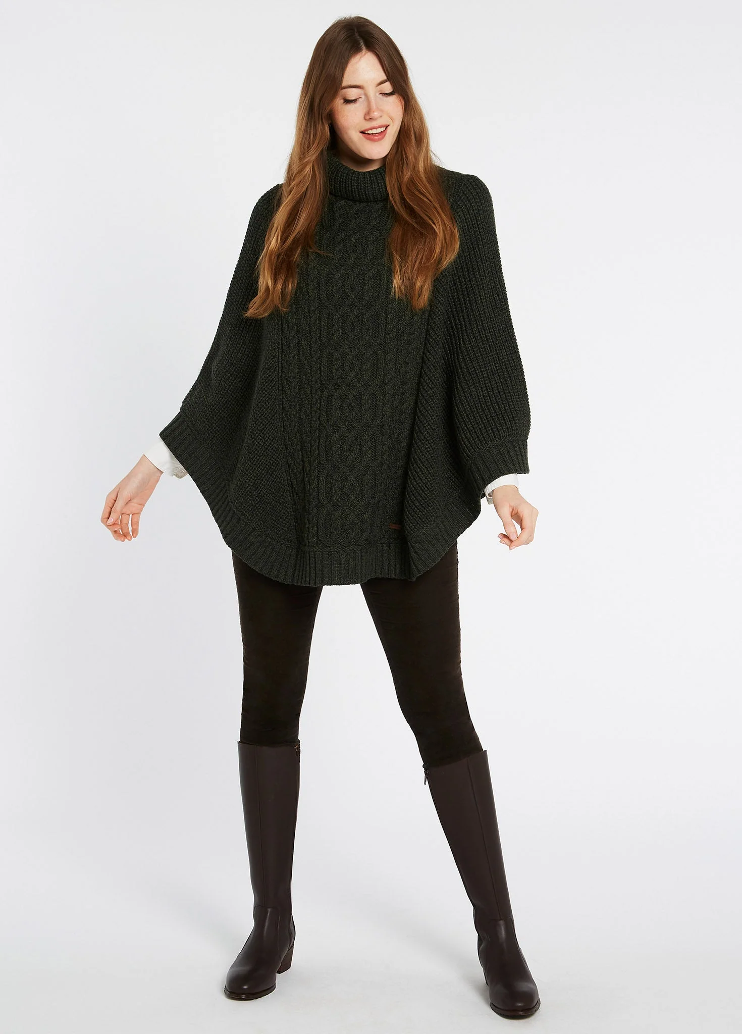 Kilronan Women's Irish Knit Merino Poncho - Olive