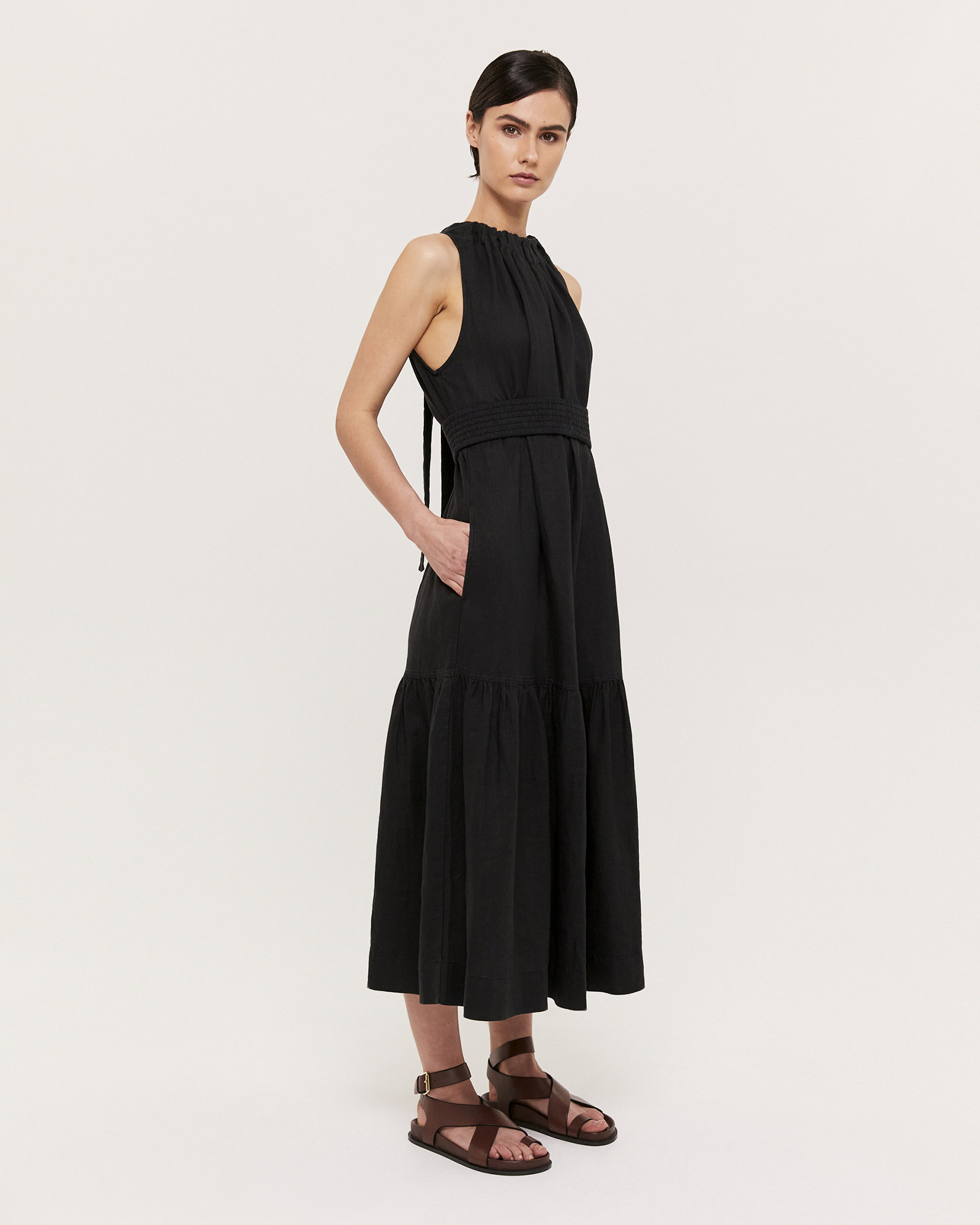 Lila Linen Belted Midi Dress
