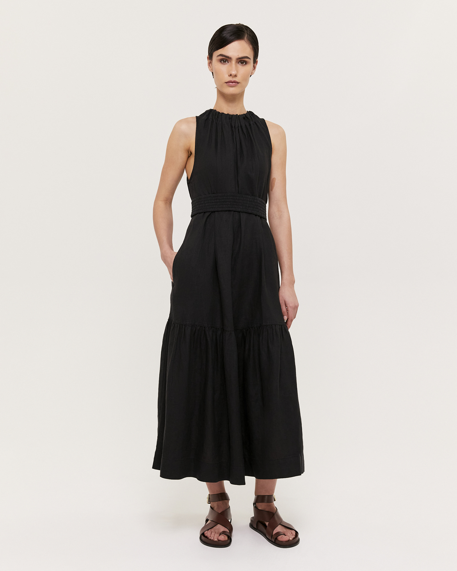 Lila Linen Belted Midi Dress