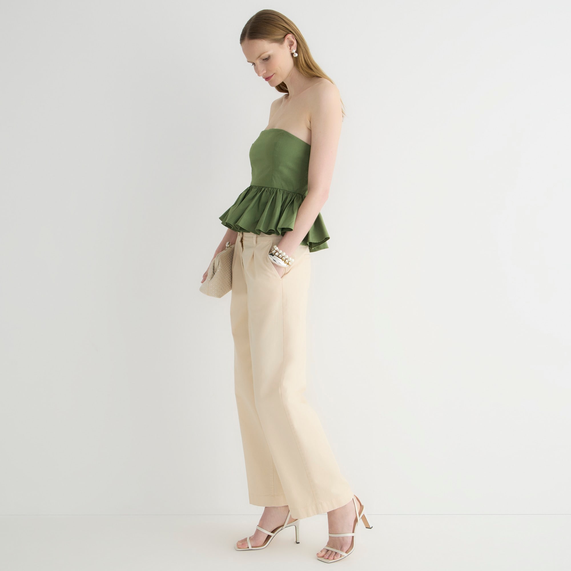Strapless peplum top in stretch cotton poplin blend