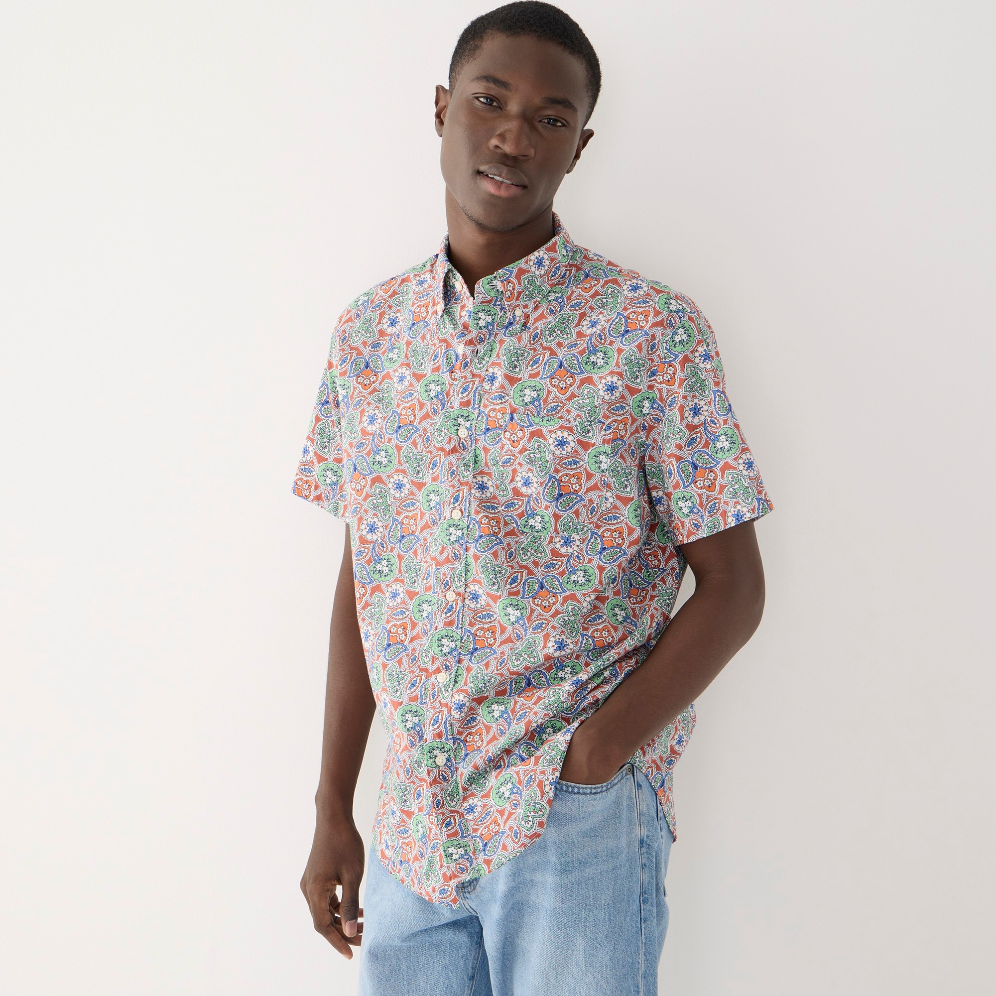 Short-sleeve slub cotton shirt