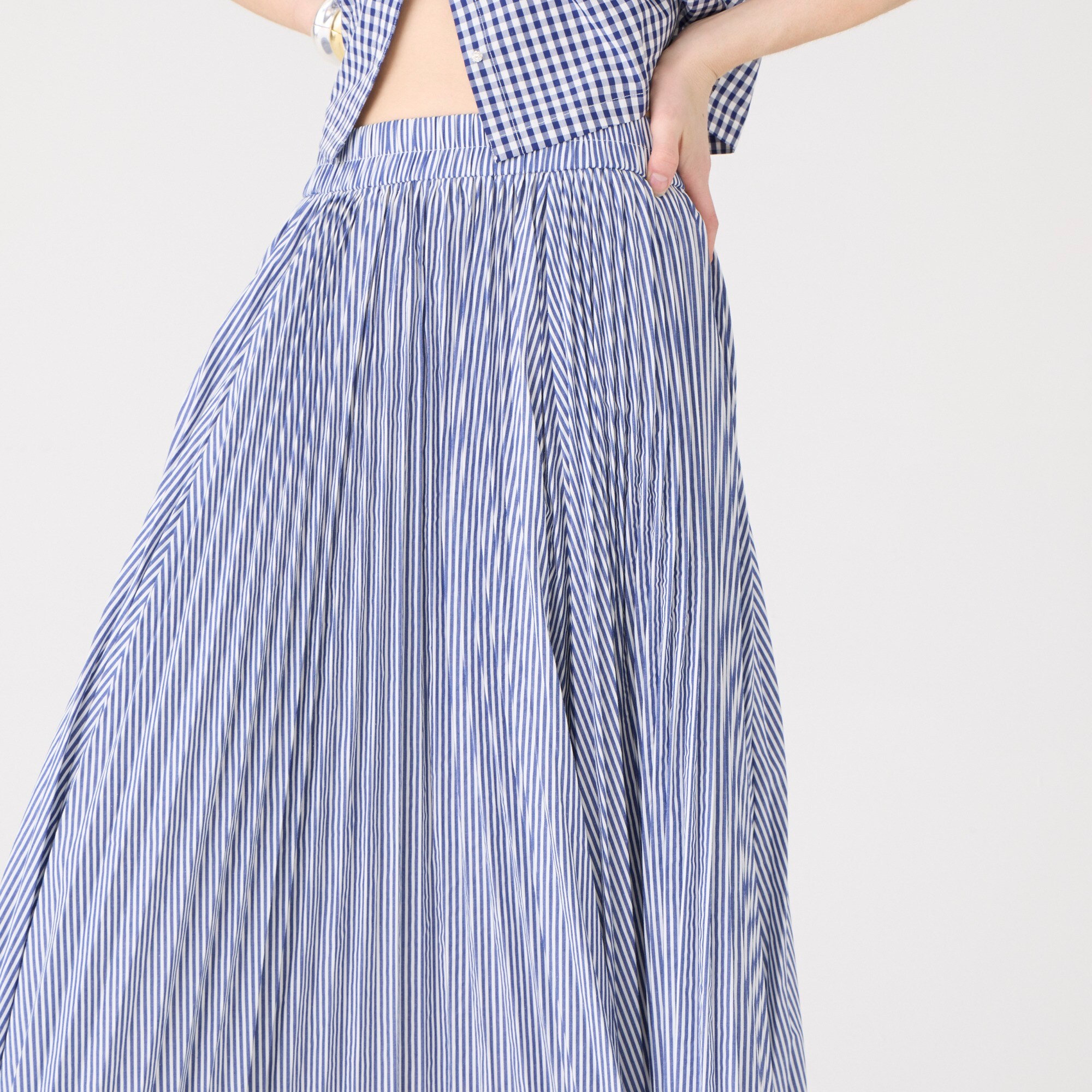 Pleated midi skirt in striped cotton blend