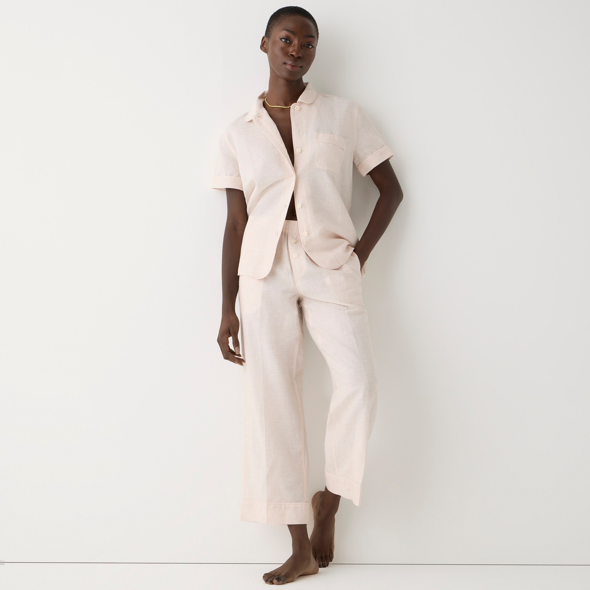 Linen-cotton short-sleeve pajama set