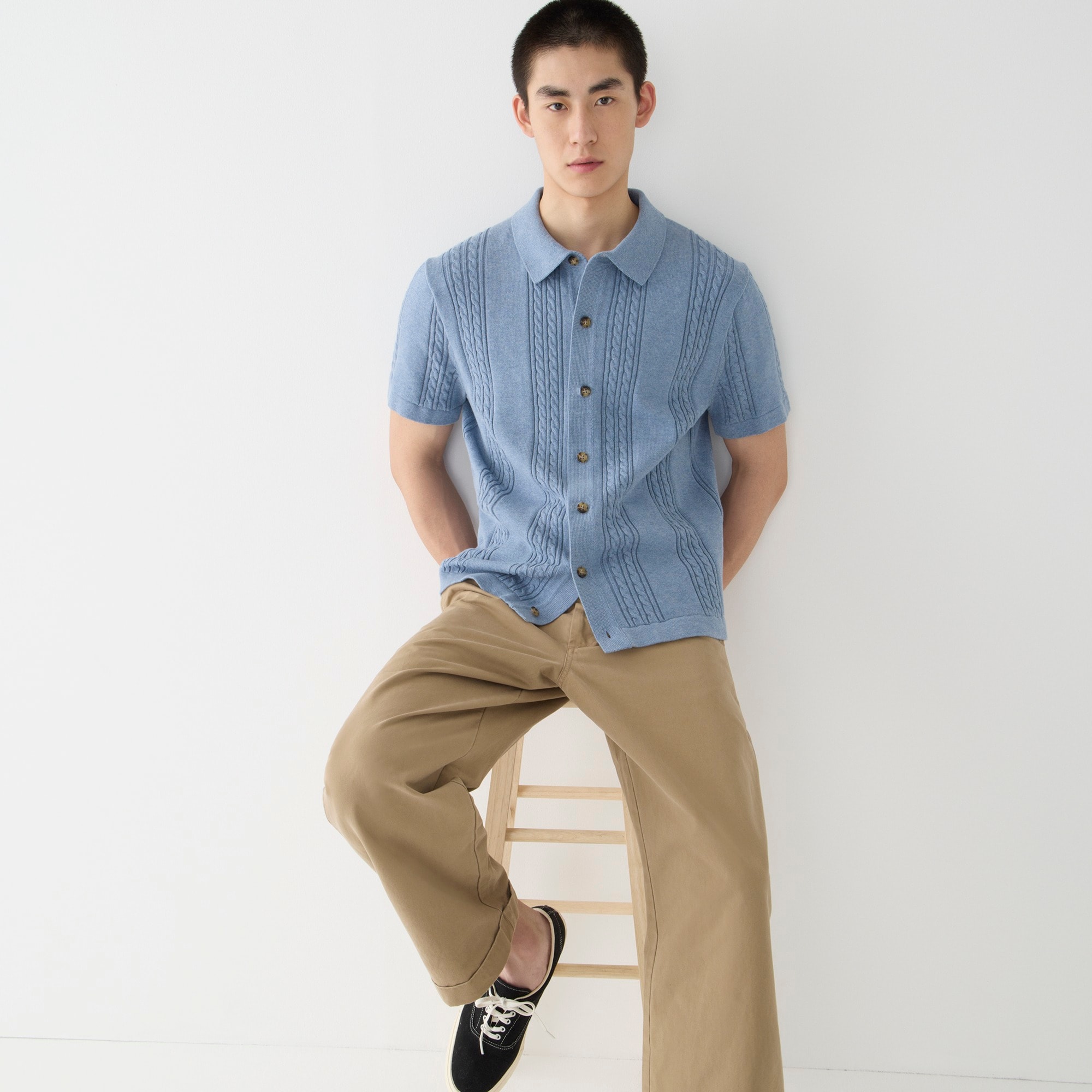 Short-sleeve cotton cable-knit cardigan sweater-polo