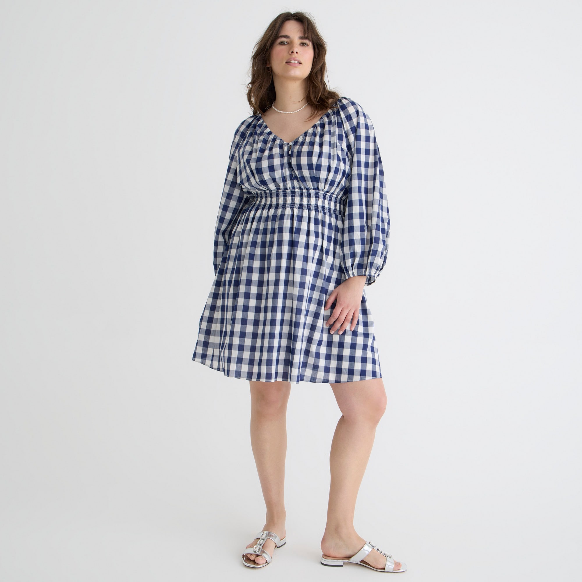 V-neck mini dress in navy gingham