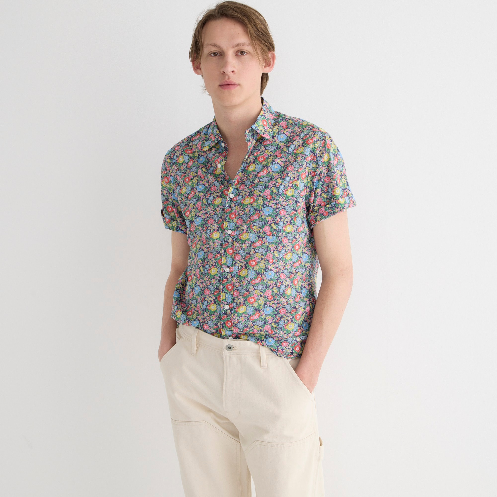 Short-sleeve point-collar shirt in Liberty® print