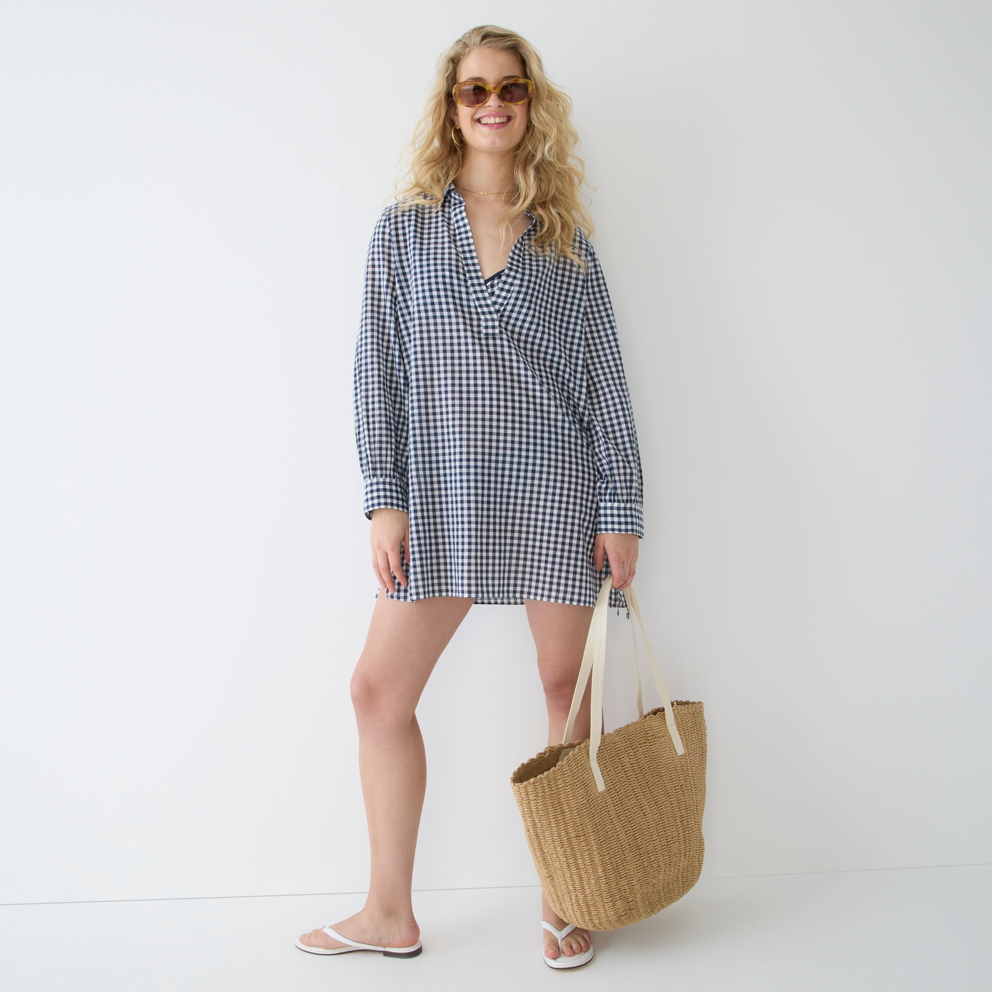 Cotton voile tunic cover-up in gingham