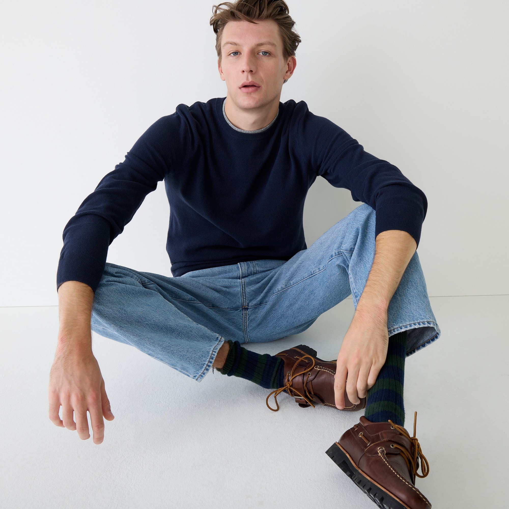 Cotton piqué-stitch crewneck sweater
