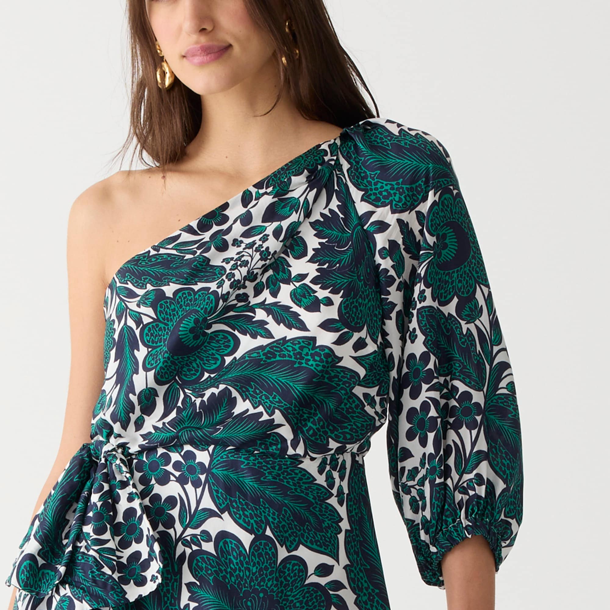 Collection one-shoulder ruffle-hem dress in emerald floral