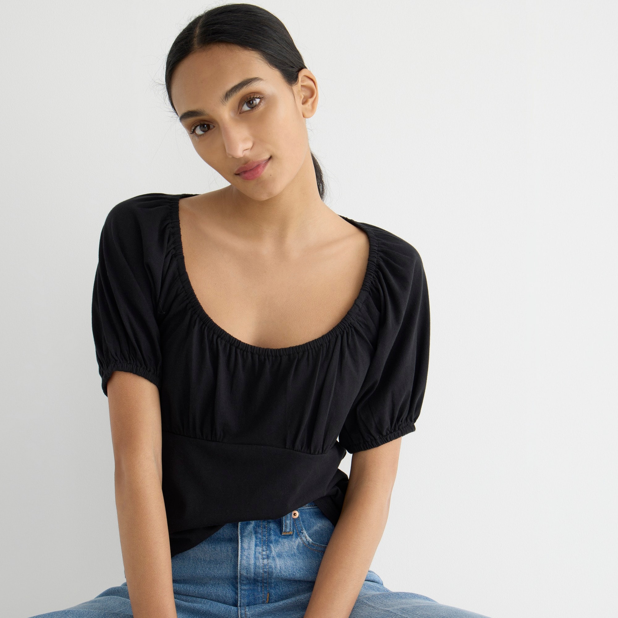 Broken-in jersey puff-sleeve scoopneck top
