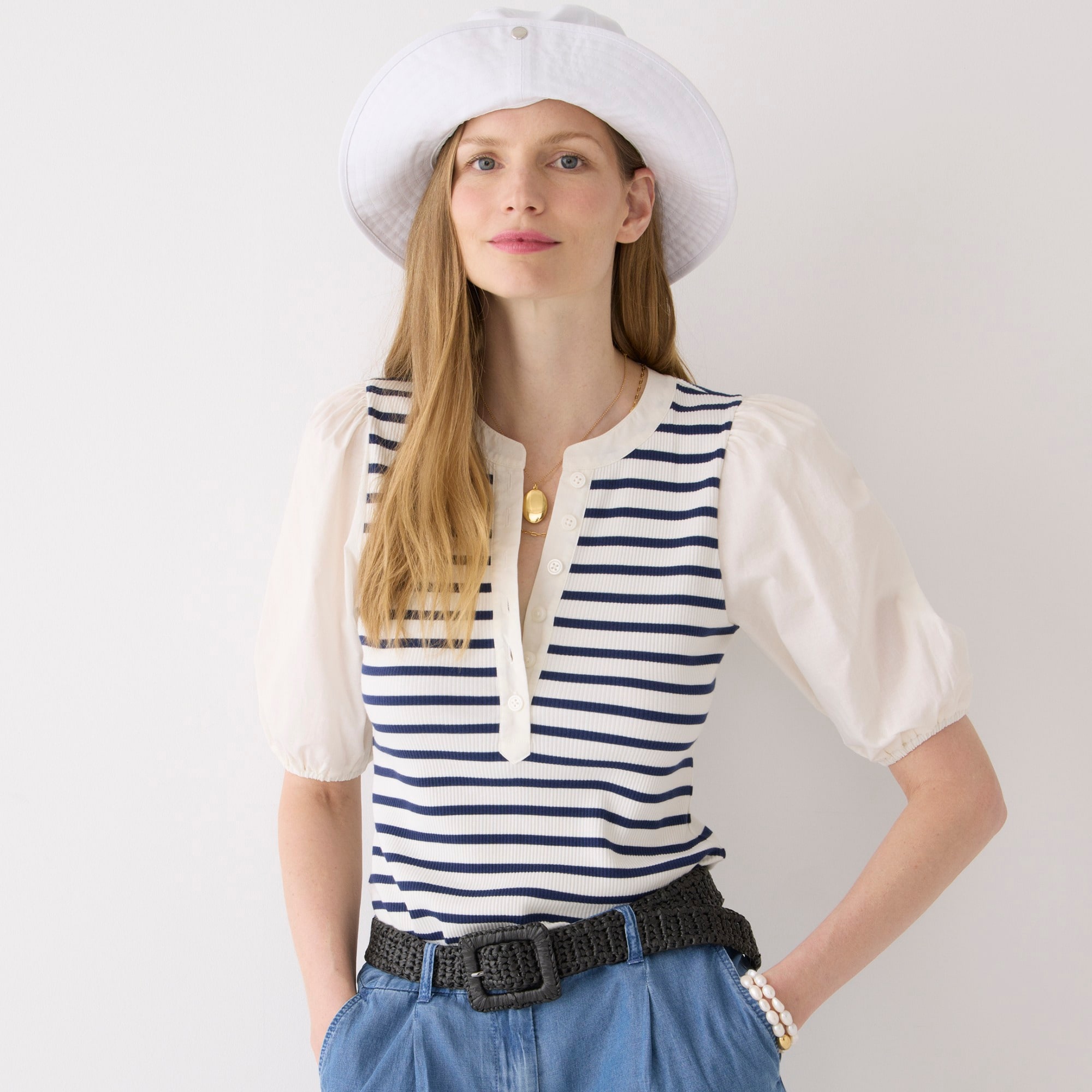 Vintage rib puff-sleeve henley top in stripe