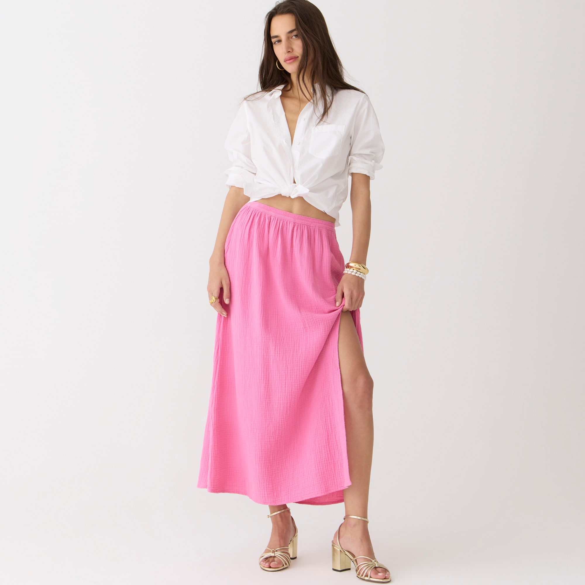 Side-slit soft gauze maxi skirt