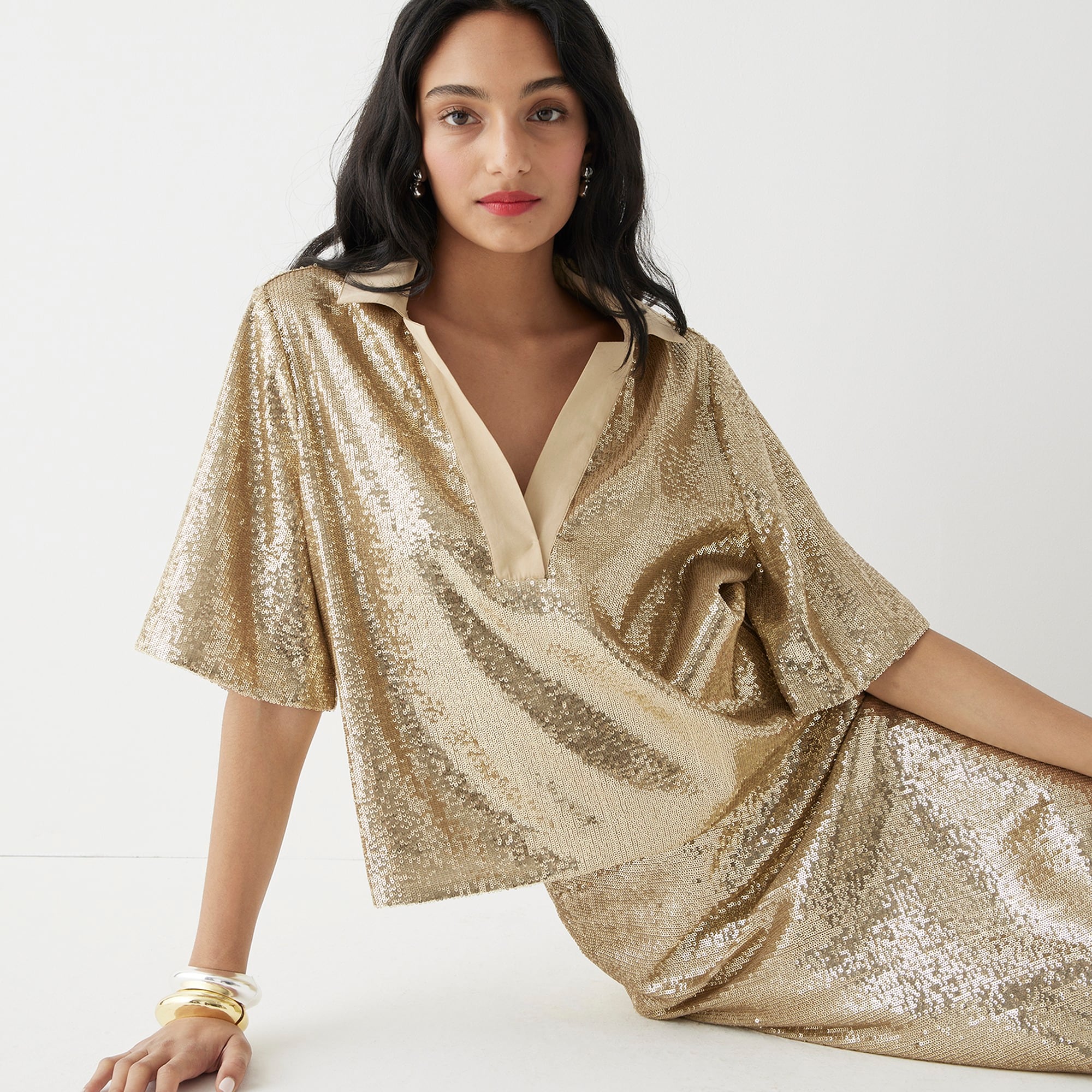 Collection limited-edition sequin V-neck collared shirt