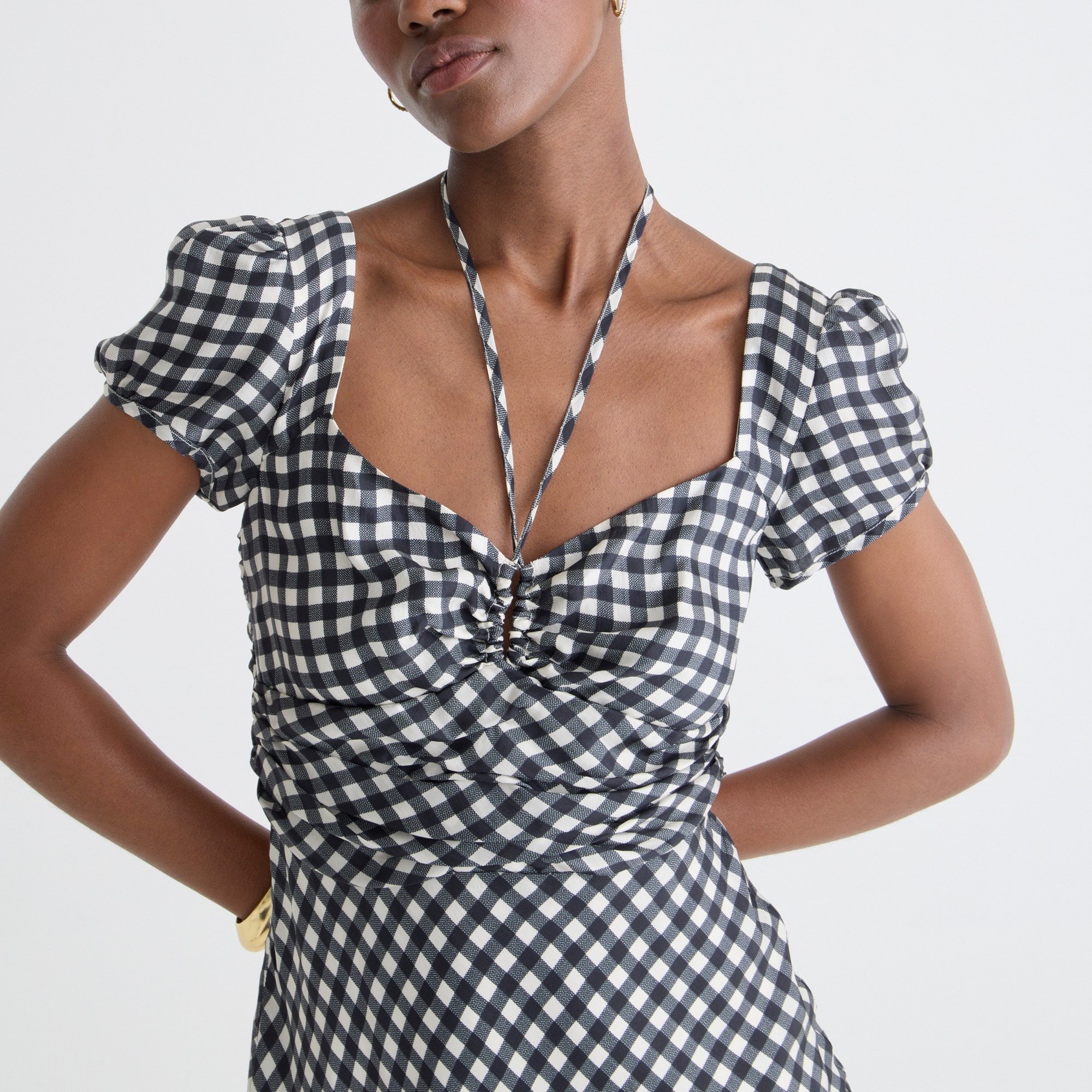 Collection tie-neck cap-sleeve maxi dress in gingham
