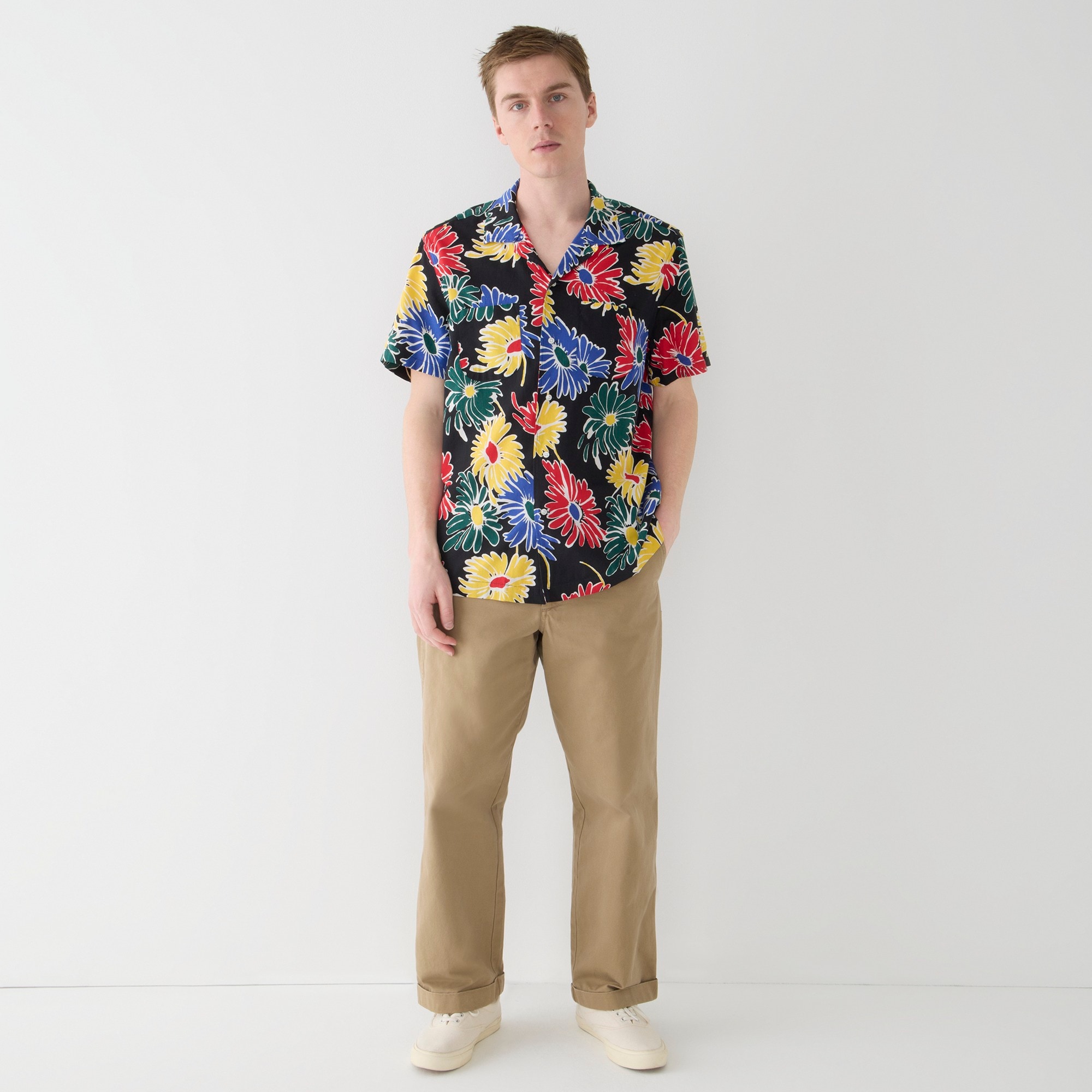 Cotton-viscose camp-collar shirt in print