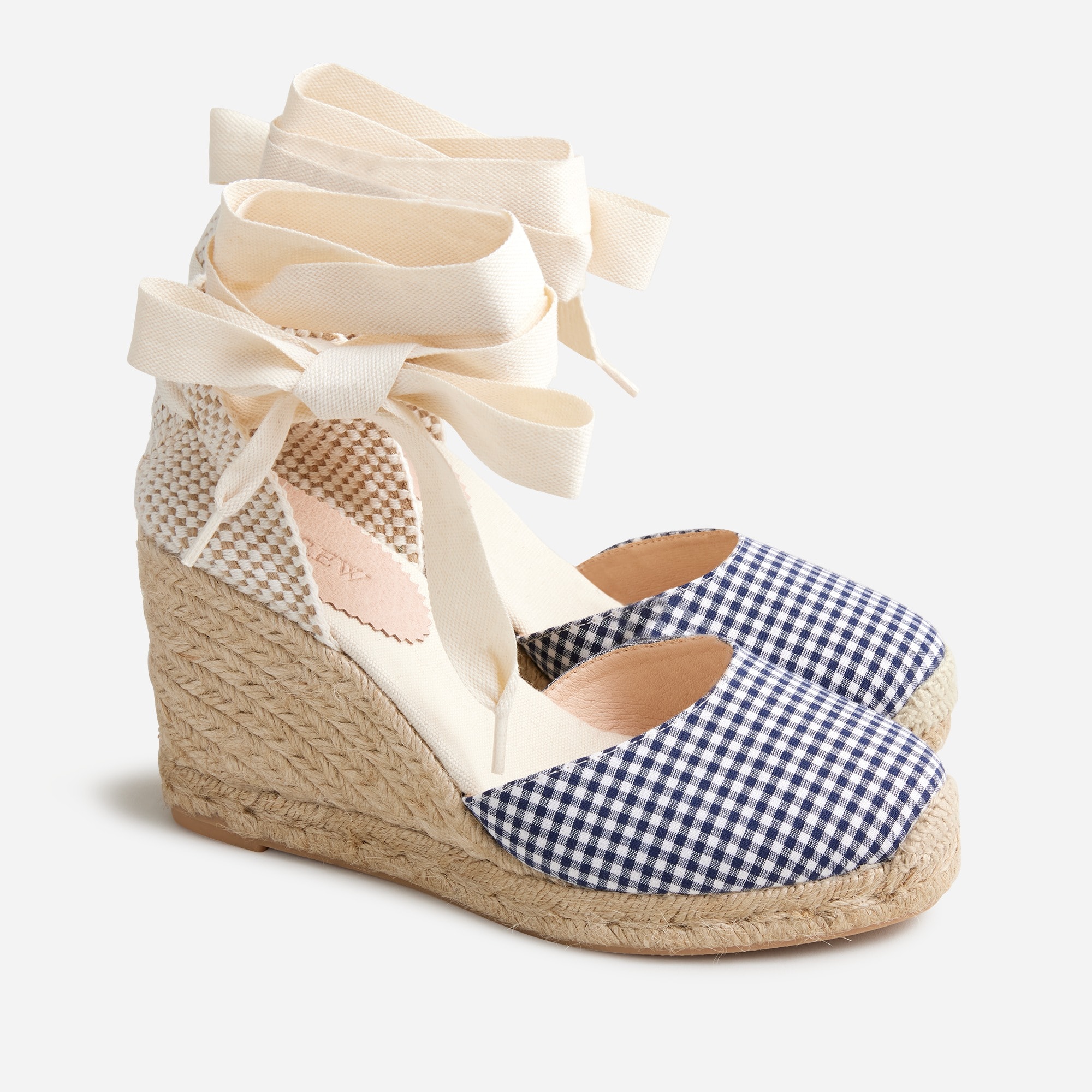 Made-in-Spain lace-up high-heel espadrilles in gingham