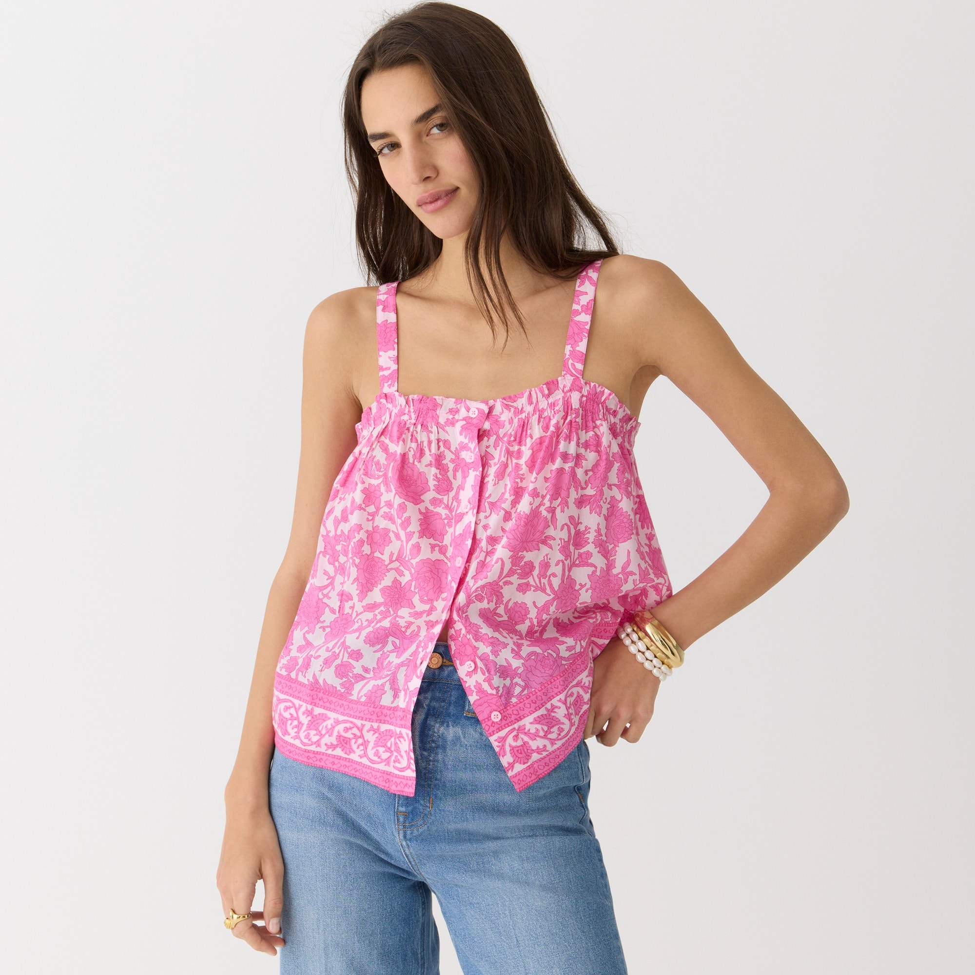 Button-front tank in tiny rosebud floral