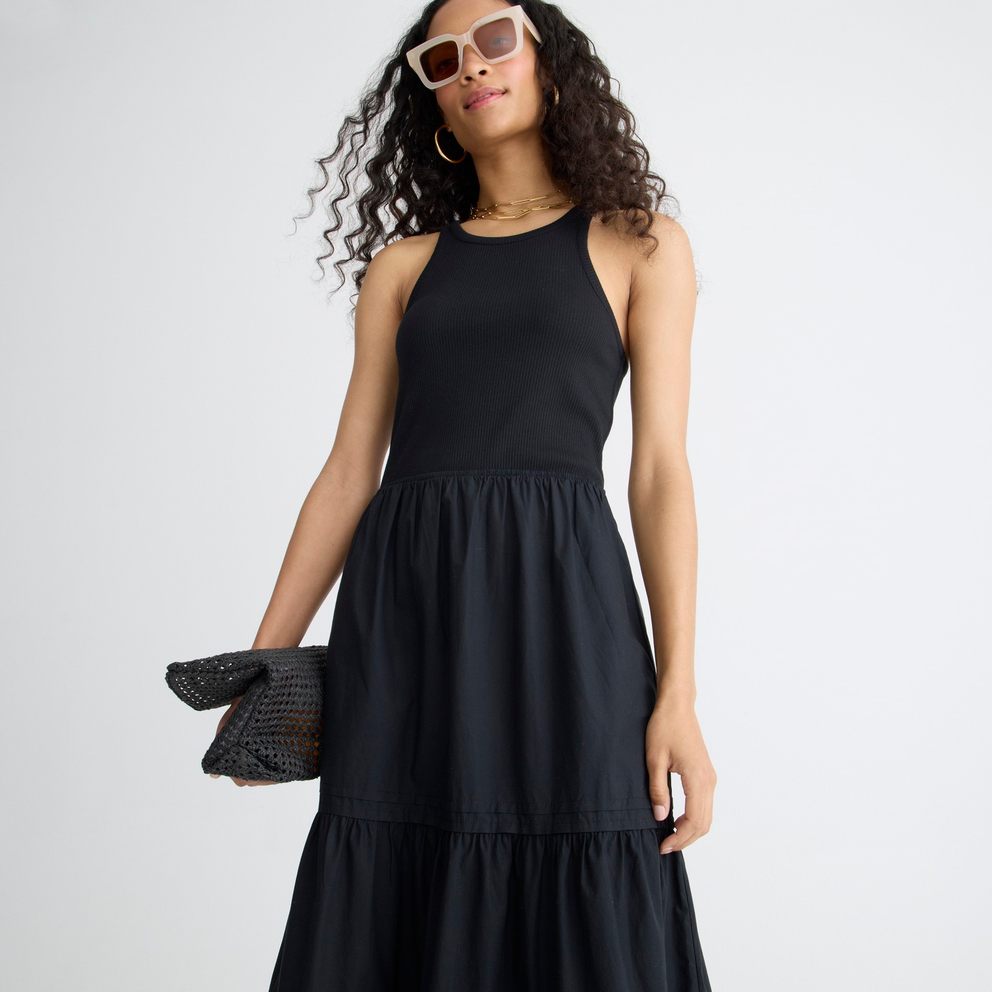 Vintage rib high-neck cutaway tank dress with poplin skirt