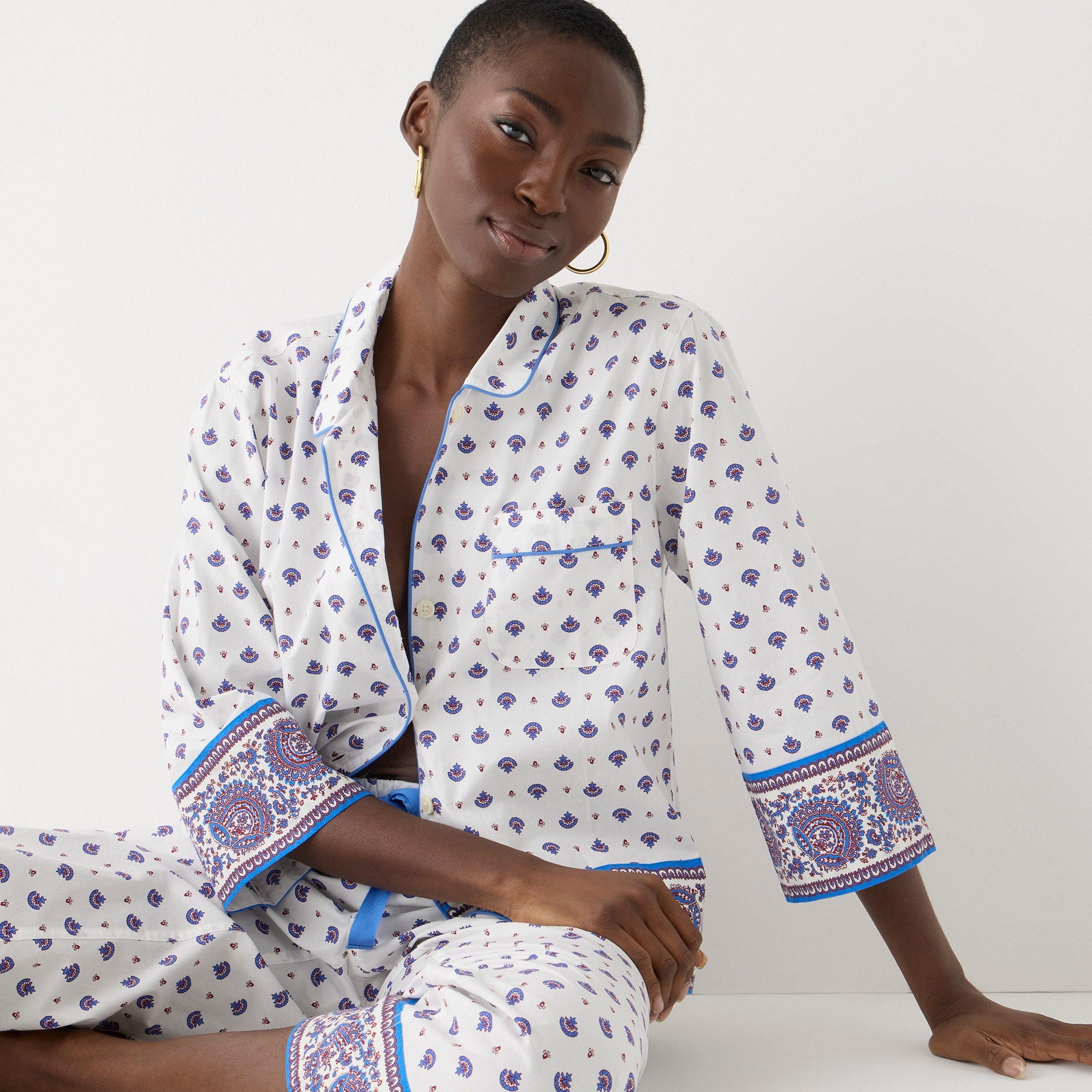 Long-sleeve cropped cotton poplin pajama set in floral bouquet
