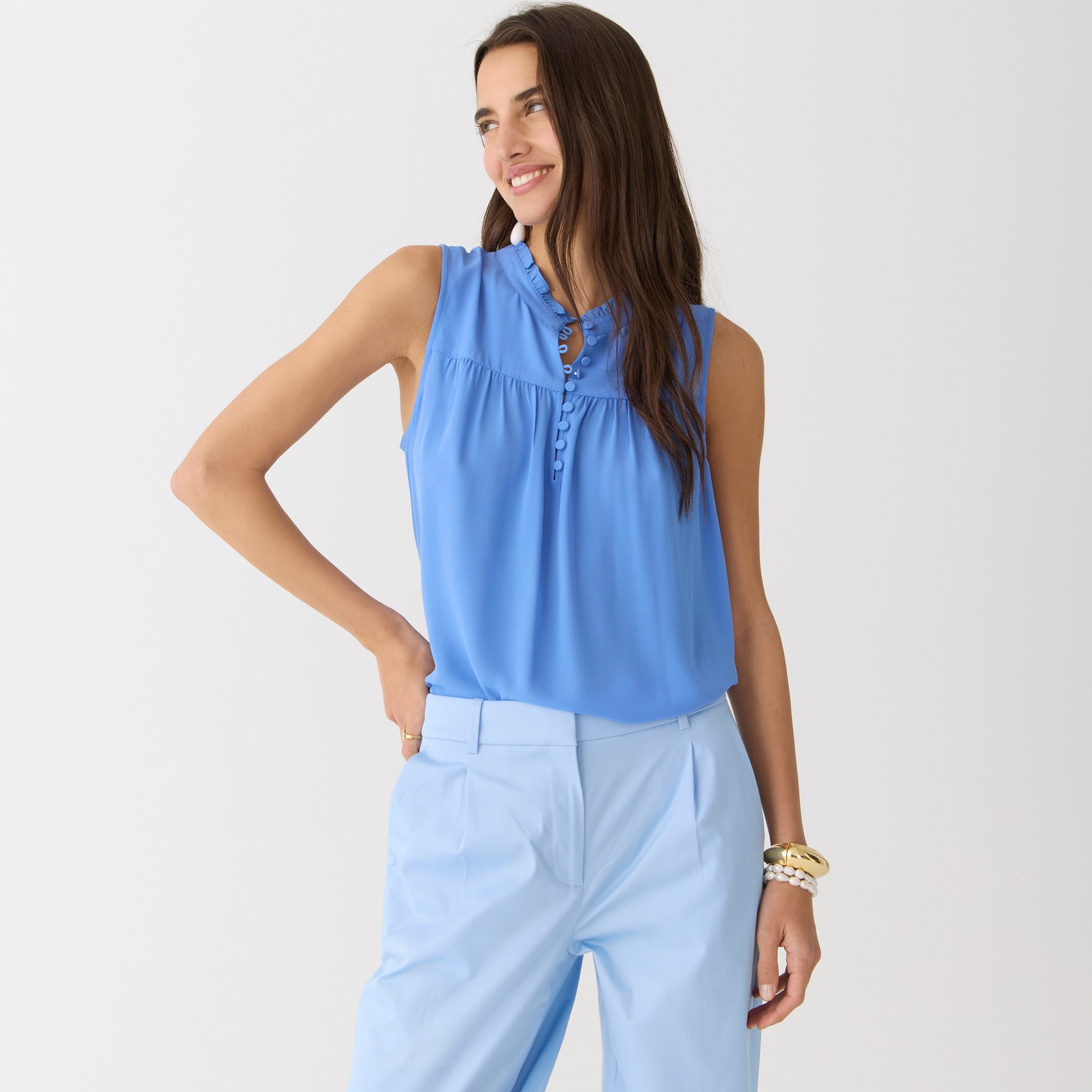Sleeveless button-front ruffleneck popover