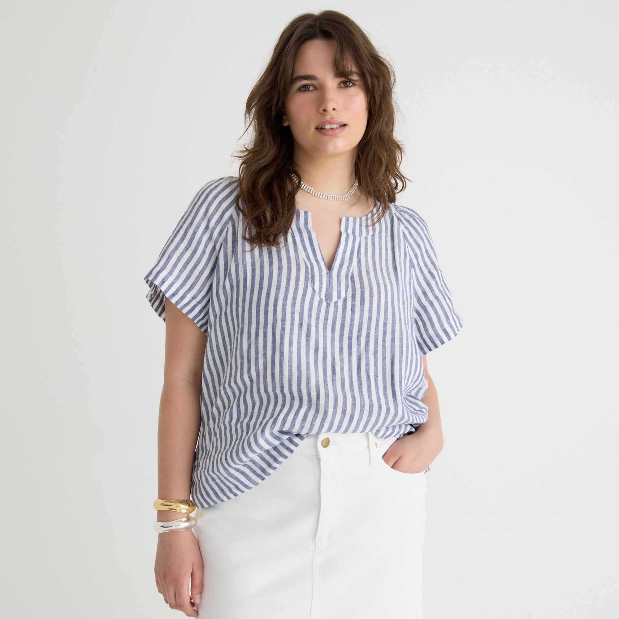 Flutter-sleeve linen V-neck top in stripe