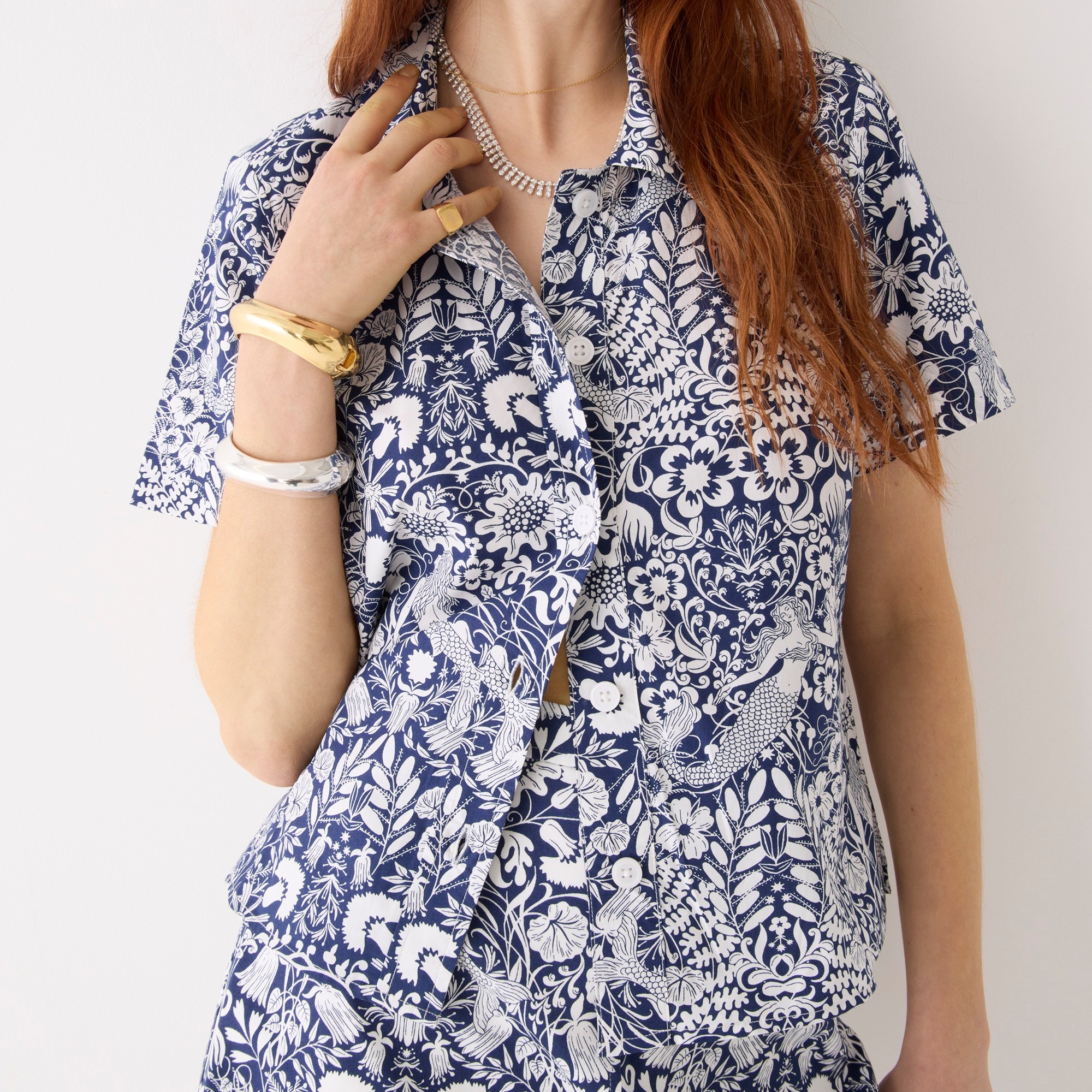 Gamine cotton poplin shirt in mermaid floral