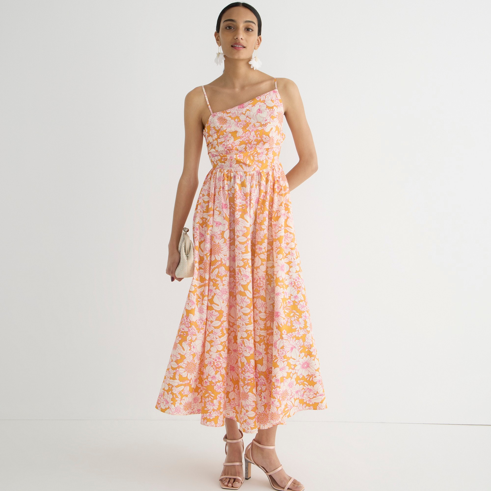 Collection side-cutout midi dress in orange floral cotton poplin