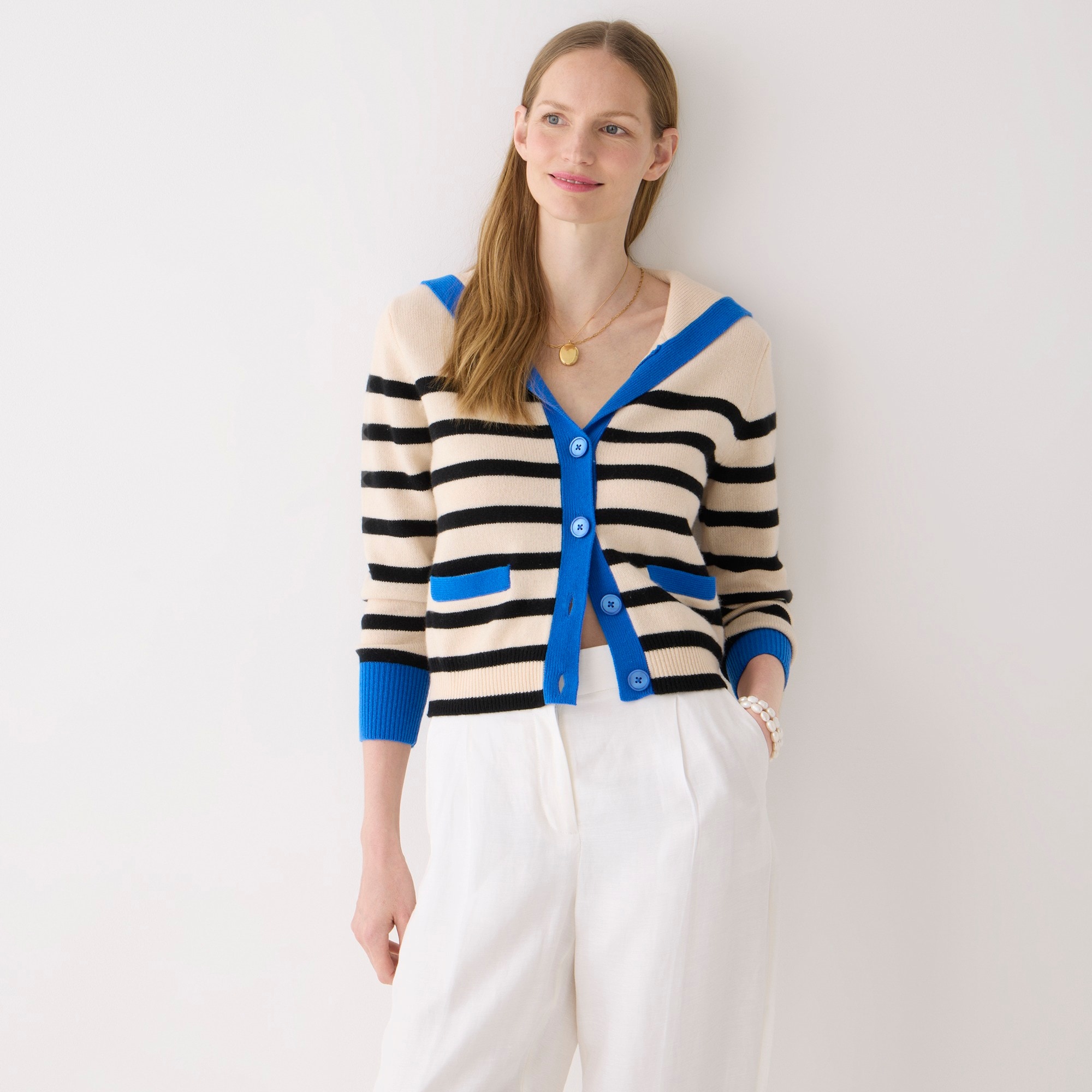 Cashmere sailor-collar cardigan sweater in stripe
