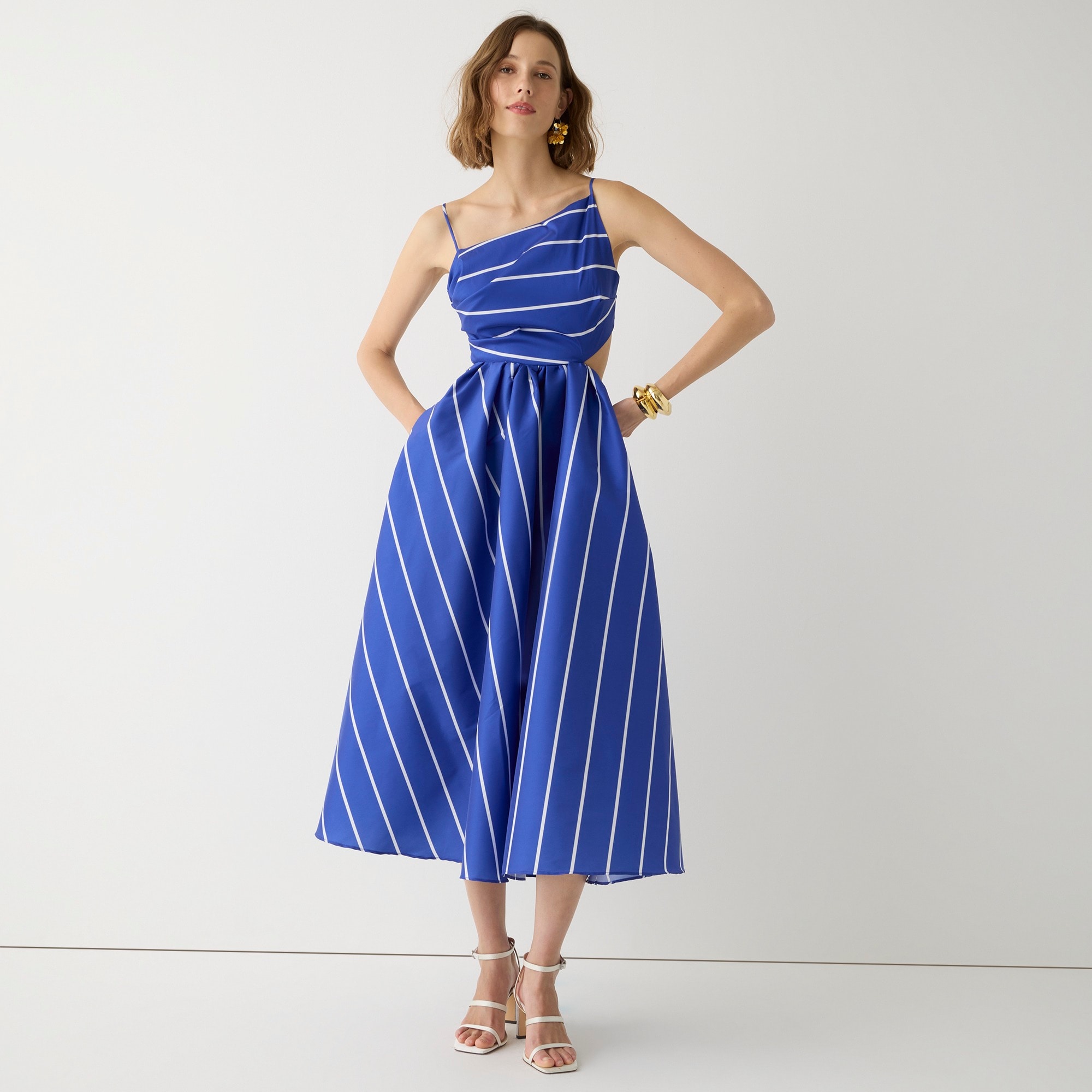 Collection side-cutout midi dress in striped taffeta