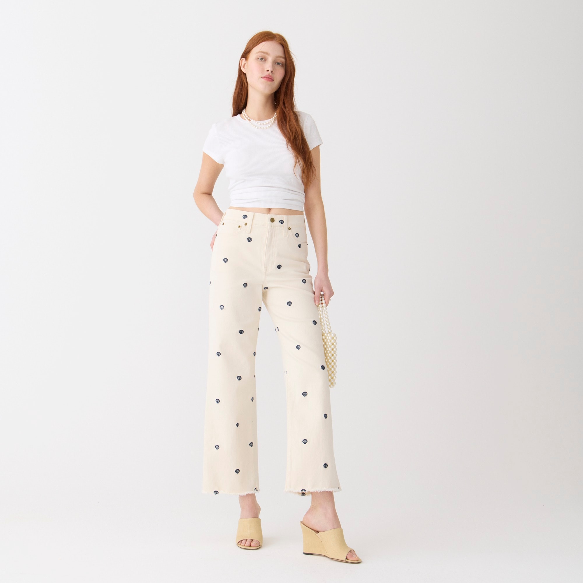 Embroidered slim wide-leg jean in Ecru wash