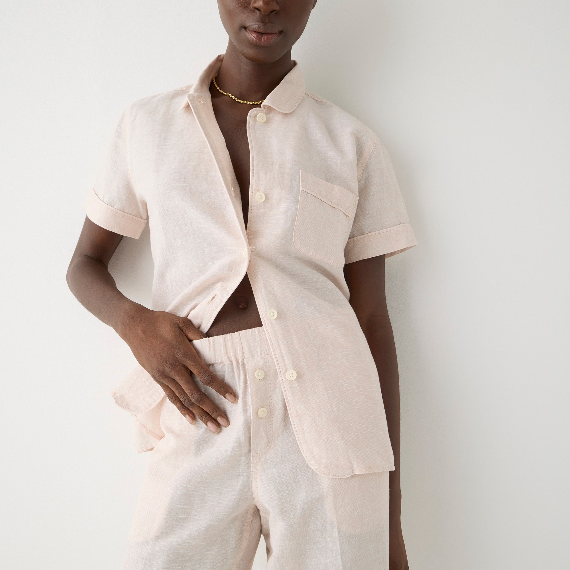 Linen-cotton short-sleeve pajama set
