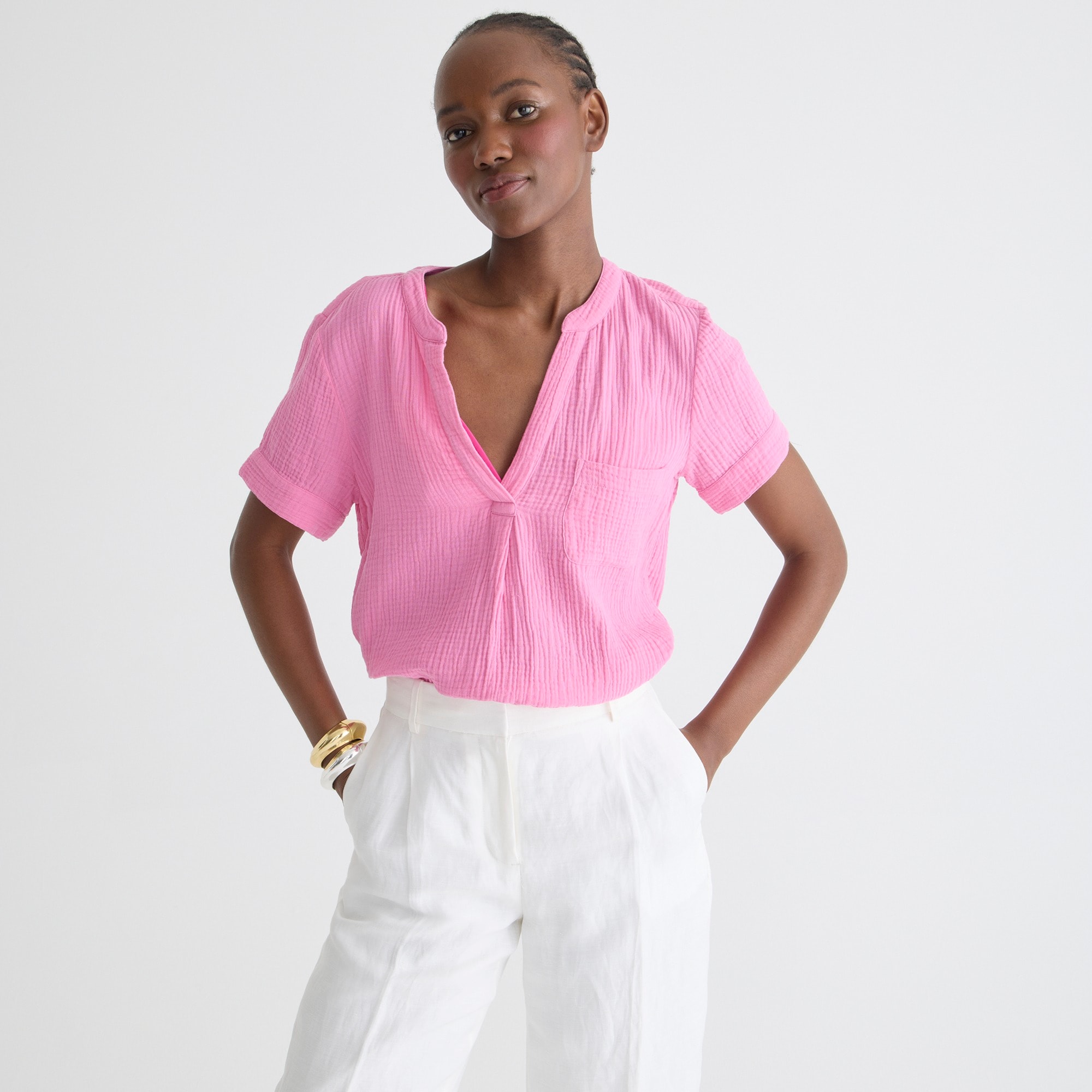 V-neck soft gauze popover