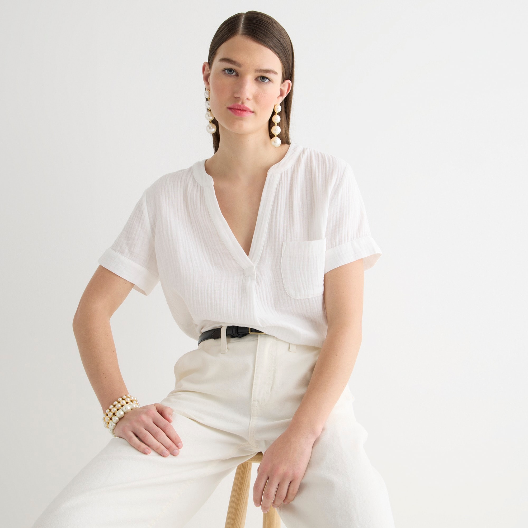 V-neck soft gauze popover