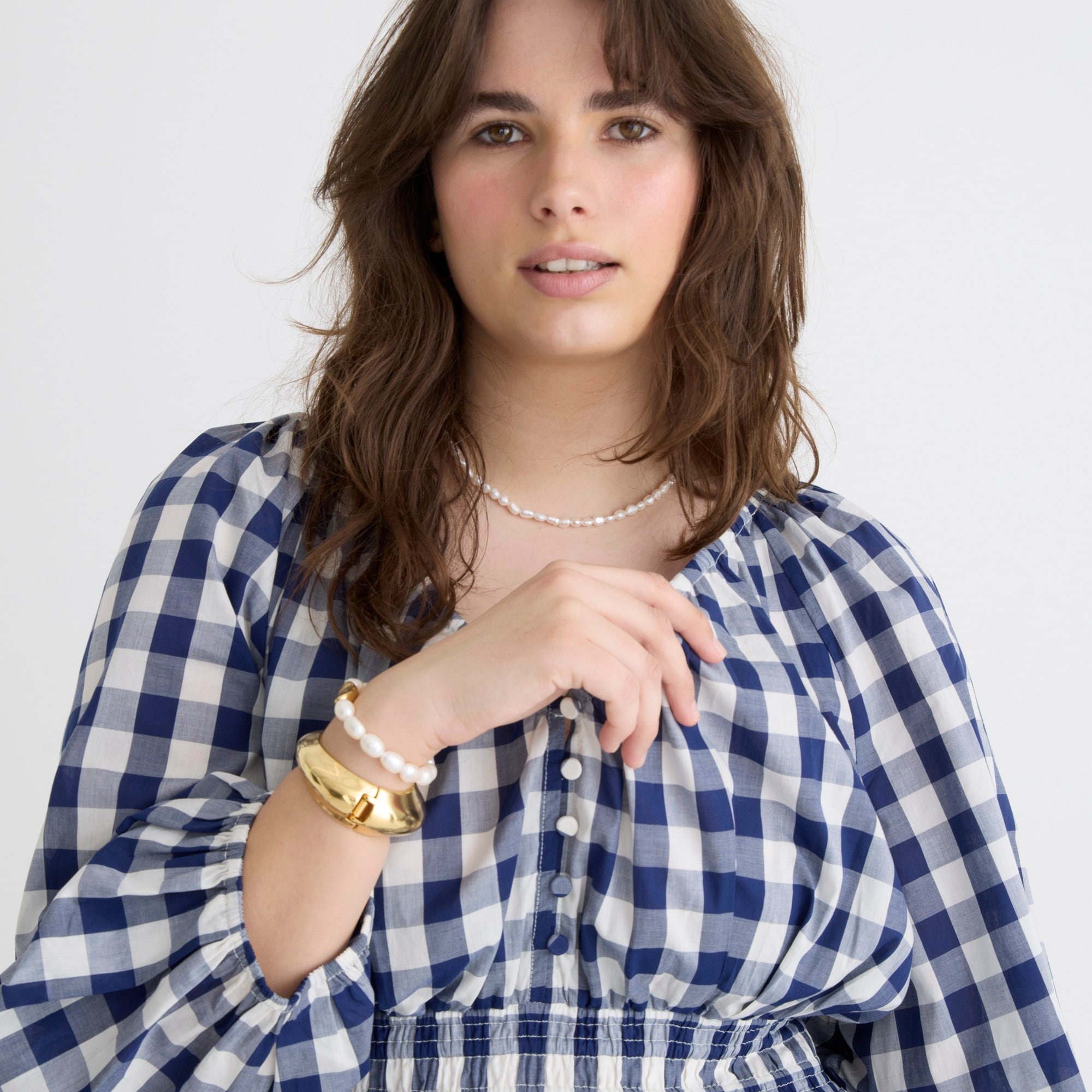 V-neck mini dress in navy gingham