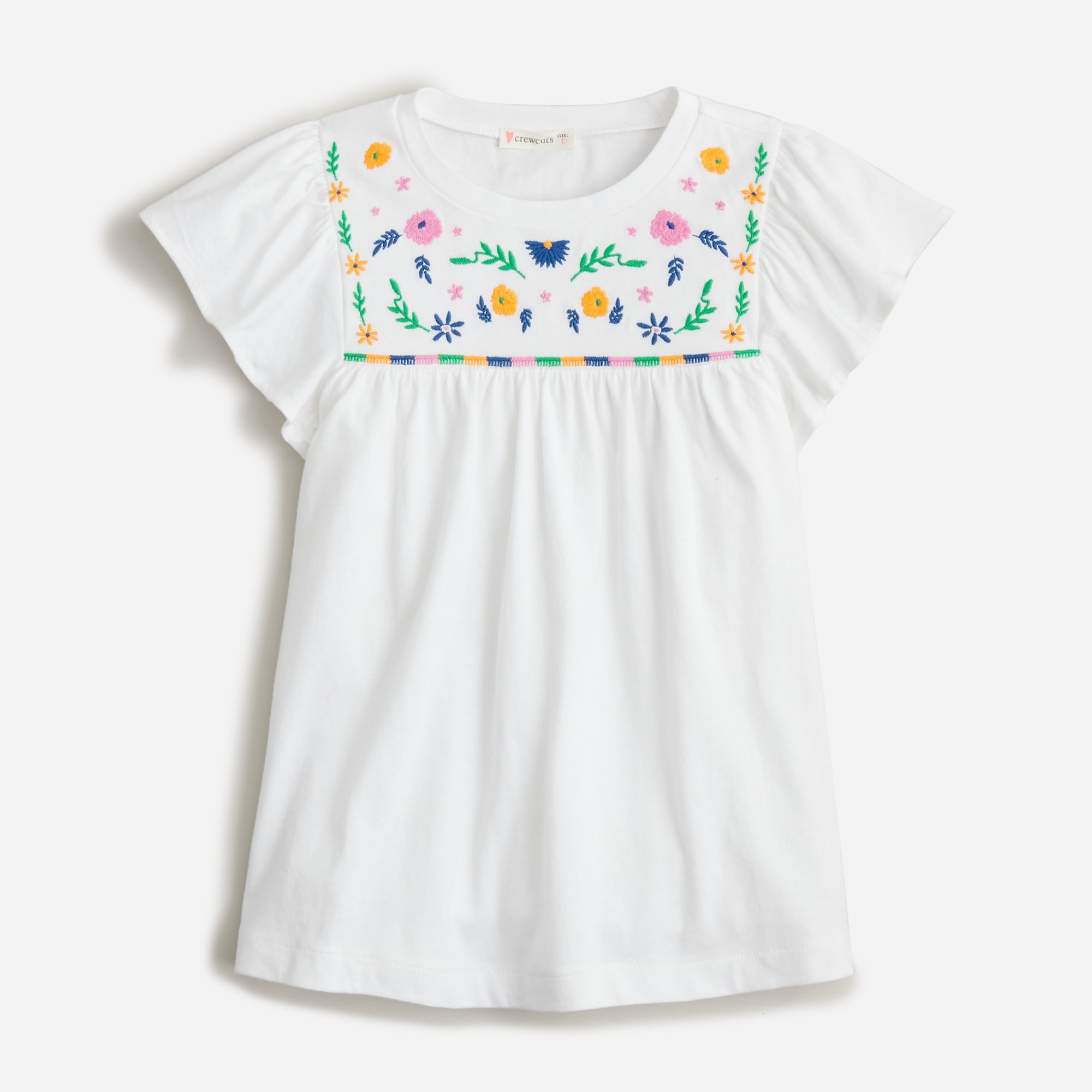 Girls' embroidered flutter-sleeve T-shirt