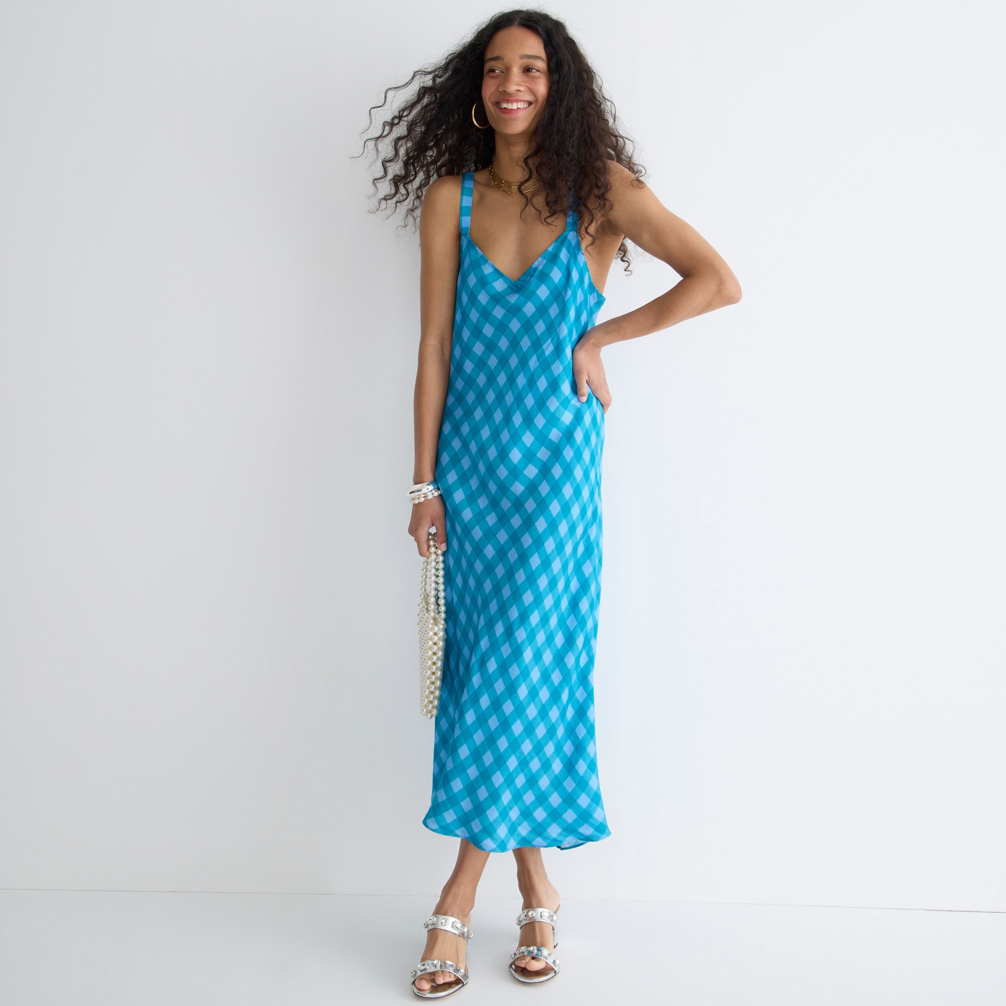 Gwyneth V-neck cupro-blend slip dress in gingham