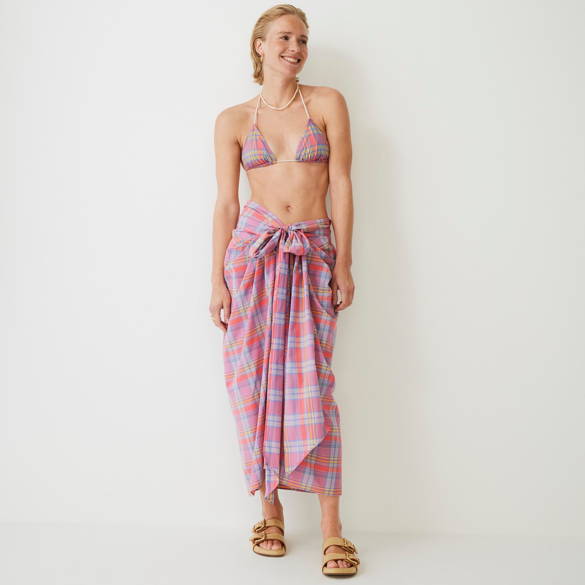 Draped beach sarong in sunset plaid