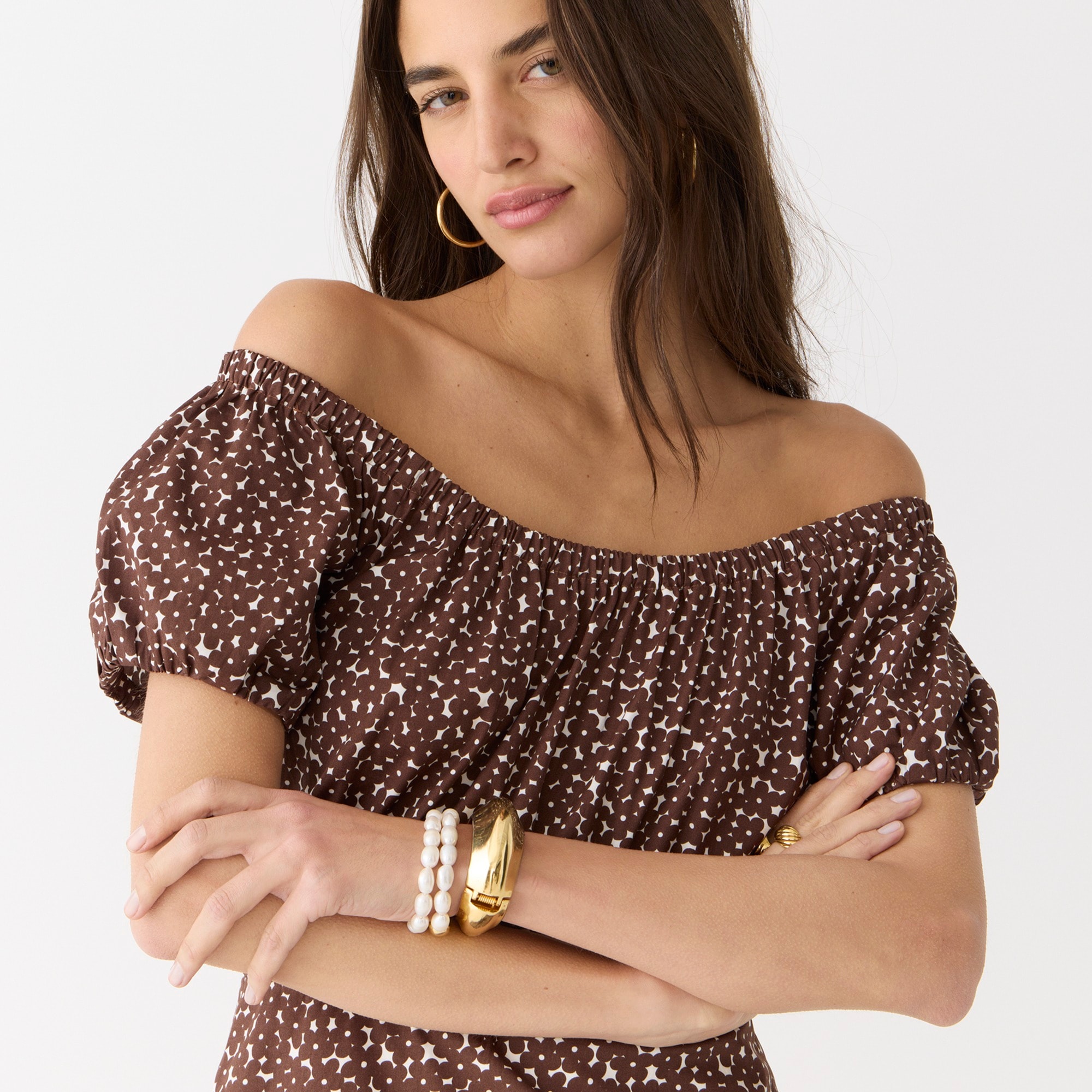 Drop-waist cotton poplin mini dress in mocha floral