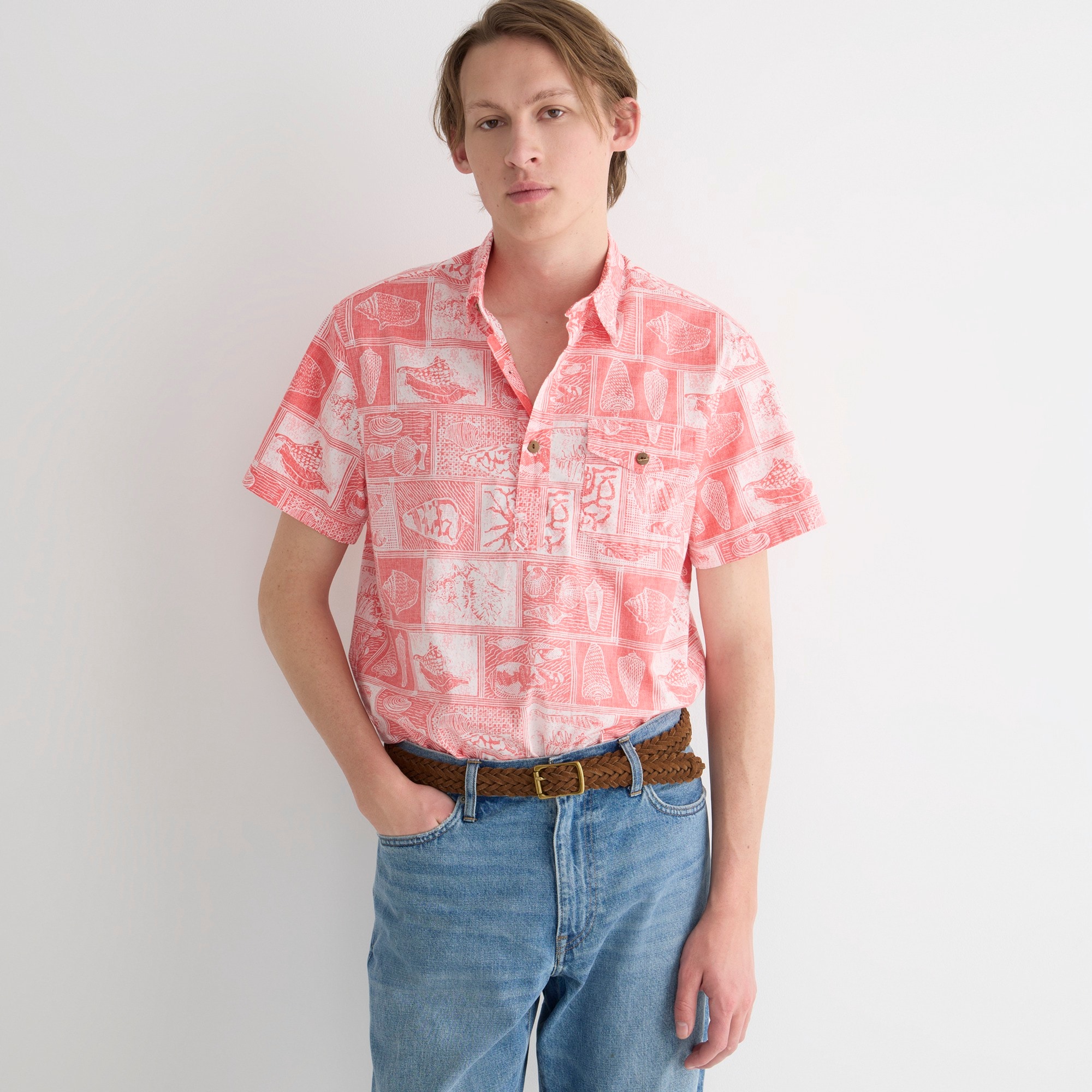Wallace & Barnes short-sleeve slub cotton popover shirt in print