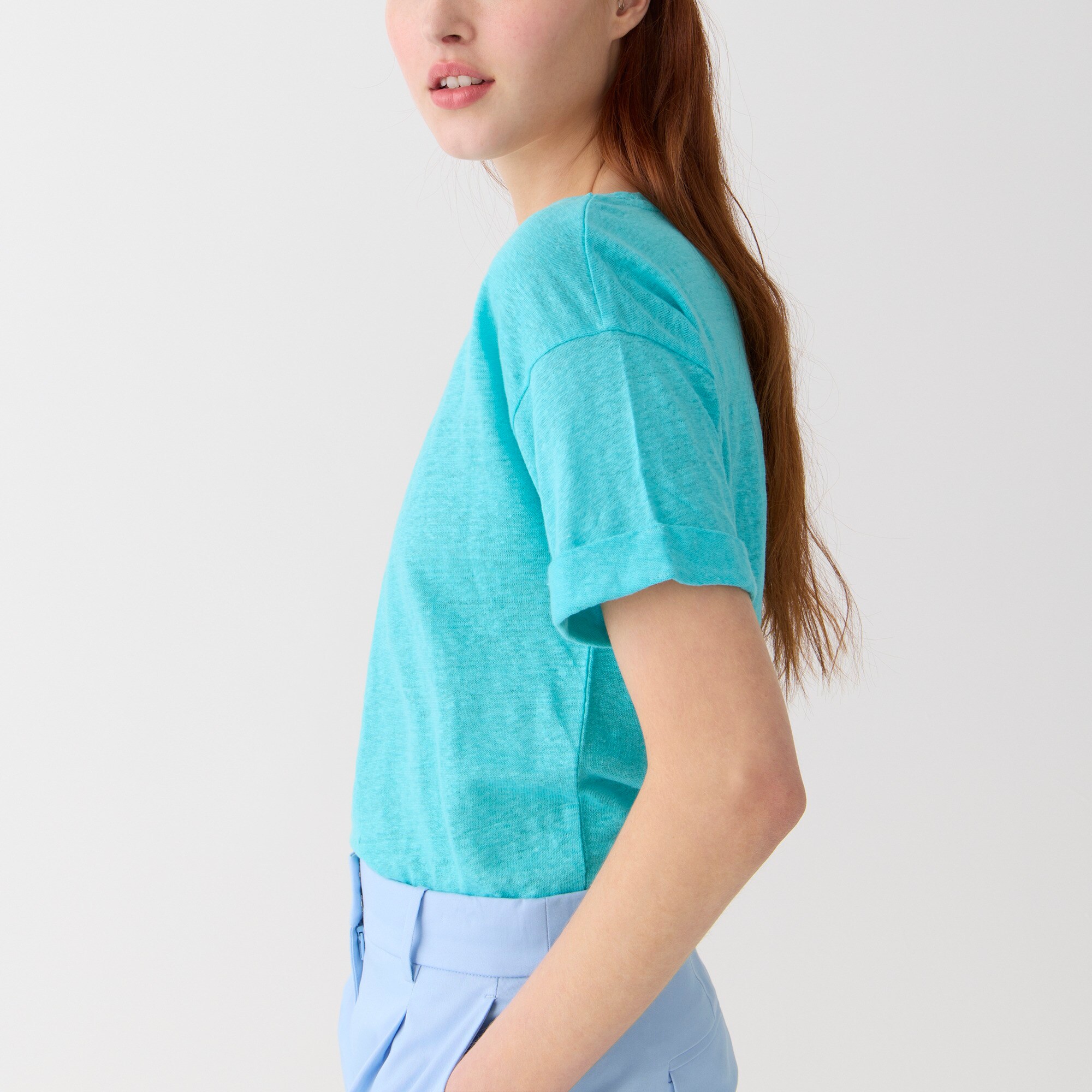 Linen roll-cuff crewneck T-shirt