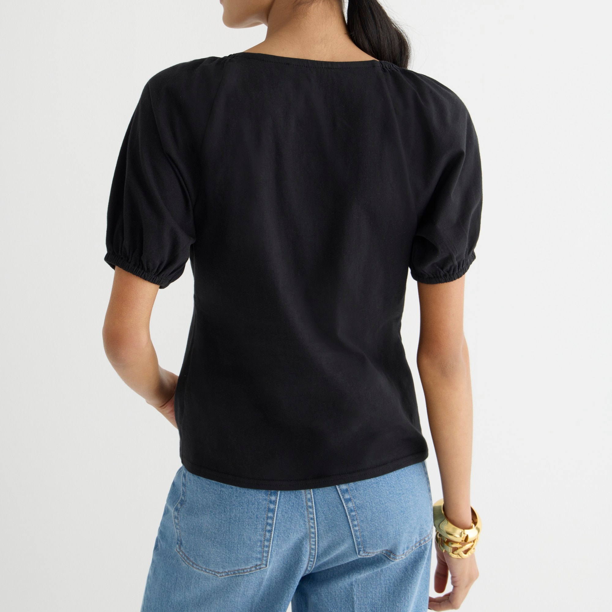Broken-in jersey puff-sleeve scoopneck top